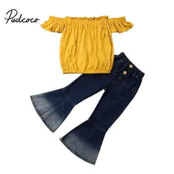 2019 Детская летняя одежда для малышей, топы с открытыми плечами для маленьких девочек, джинсовые Длинные брюки, джинсы, 2 предмета, повседневный однотонный комплект одежды от 3 до 7 лет