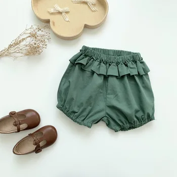 2021 Новые шорты для девочек Корейского чистого цвета, винтажные Зеленые Детские короткие штаны, летние шорты-фонарики для маленьких девочек с рюшами DT339