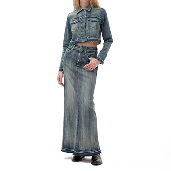 2023 Весенне-летняя Новая женская джинсовая короткая куртка / Длинная юбка в том же стиле