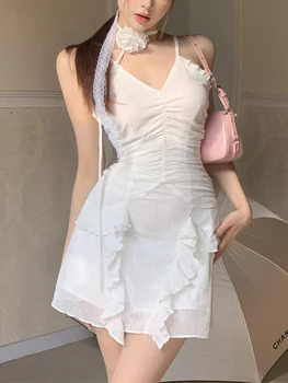 2023 Летнее Белое платье без рукавов чистого цвета, Элегантное Сексуальное Плиссированное платье, Женские модные Цельные платья, Корейская модная вечеринка Y2k