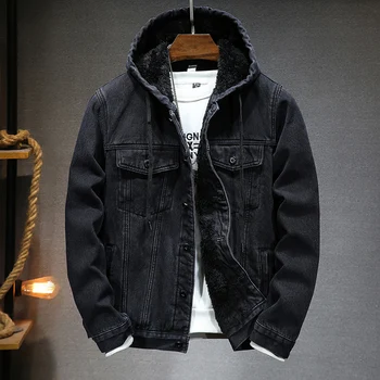 2023 Новая зимняя мужская джинсовая куртка YoungFleece Thick Thermal Jacket Fit Trend Повседневные мужские джинсовые куртки с капюшоном Повседневные