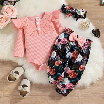 2023 Новый комплект одежды для маленьких девочек на 6 12 18 24 месяцев, розовый комбинезон с длинными рукавами и бантом + штаны, модный комплект одежды для малышей