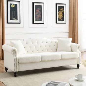 79-дюймовый Диван Chesterfield Teddy white для гостиной, 3-местный диван с ворсистыми подлокотниками и двумя подушками в виде гвоздей