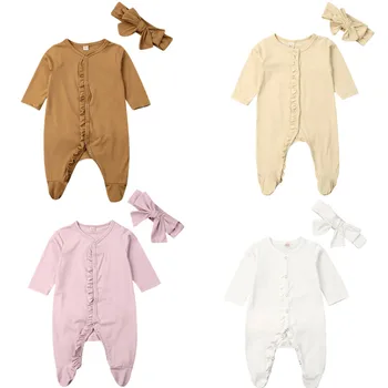 Citgeett Осенний Однотонный Комбинезон для новорожденных мальчиков и девочек, пижама с длинным рукавом, повязка на голову, весенняя одежда
