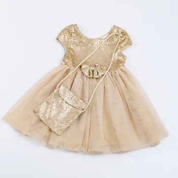 Girlymax Летнее платье-пачка для маленьких девочек с блестками цвета шампанского, с оборками, длиной до колен, детская одежда, сумочка в тон