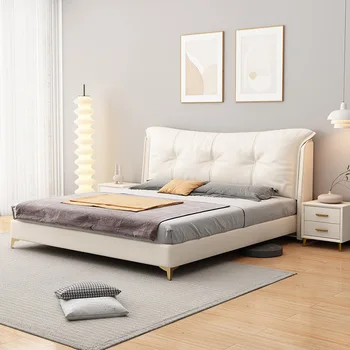 В спальне мягкая кровать 1,8 м, двуспальная кровать из натуральной кожи, итальянская минималистичная кровать из воловьей кожи с верхним слоем, Новая кожаная кровать в главной спальне