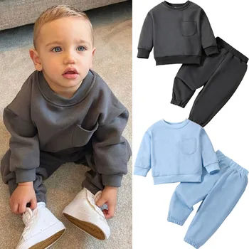 Весенне-осенний комплект одежды для мальчиков 1-4 лет, однотонная толстовка с длинными рукавами, топы и эластичные повседневные брюки, наряд для мальчиков