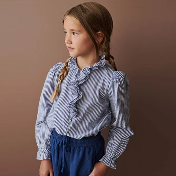 Весенняя рубашка в синюю полоску для девочек, 100% хлопок, Новые модные детские повседневные рубашки с длинными рукавами и рюшами на воротнике TZ293