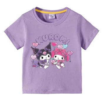 Детская Летняя футболка для девочек, Футболки с героями мультфильмов Kuromi Melody, Детская Кавайная футболка с коротким рукавом, Повседневные Футболки для малышей, Хлопковые