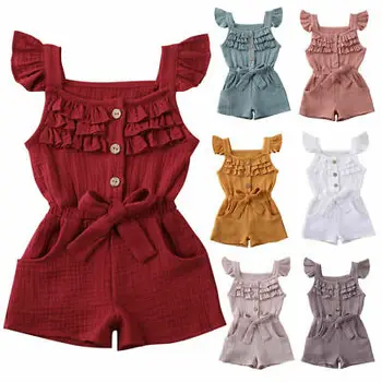 Детский Комбинезон для маленьких девочек от 0 до 5 лет, однотонный комбинезон с оборками, коротким рукавом и бантом, наряды, одежда