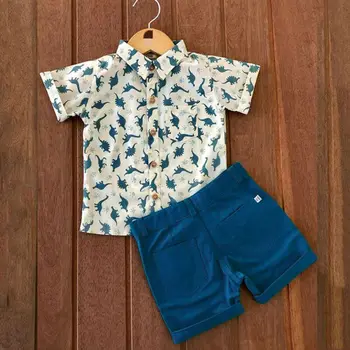 Для маленьких мальчиков, блузки с принтом динозавра, Рубашки, Топы + Шорты, Брюки, Летняя одежда из 2 предметов