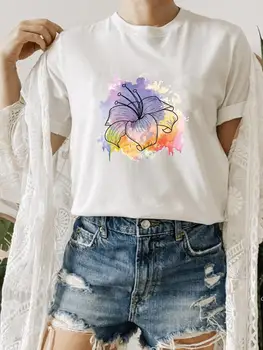 Женская летняя одежда в цветочек в акварельном стиле, футболка с принтом, модная футболка с круглым вырезом и коротким рукавом с графическим рисунком, футболка-топ