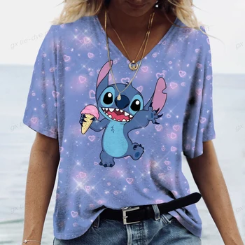Женская летняя повседневная футболка 2023, модный пуловер с принтом Disney Stitch, с короткими рукавами, Новый свободный топ большого размера с круглым вырезом