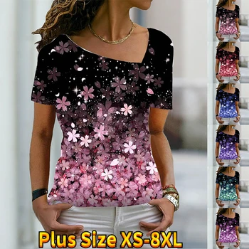 Женская мода, новая тематическая футболка с цветочным принтом, короткий рукав, базовая рубашка с V-образным вырезом, летний топ XS-8XL / 3D печать