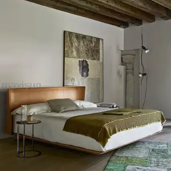 Кожаная двуспальная кровать, легкая роскошная кровать, минималистичная мягкая кровать, современная элитная комбинация для маленькой квартиры и главной спальни