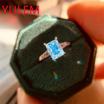 Кольцо с синим муассанитом огранки YULEM Radiant для женщин, серебро 925 пробы, кольцо с бриллиантом VVS1 для помолвки, рождественские подарки