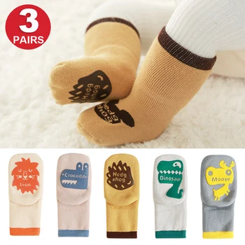 Комплект из 3 пар нескользящих носков для маленьких мальчиков и девочек, Противоскользящие Милые детские Зимние толстые теплые хлопчатобумажные носки
