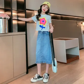 Комплекты одежды для девочек Корейская мода, летняя футболка с цветочным рисунком + джинсовая юбка, костюмы из 2 предметов, повседневная одежда для малышей 5-14 лет