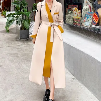 Корейский контрастный тренч Sungtin, женский тренч оверсайз с поясом, Нерегулярный стиль, Модный лацкан, Свободная ветровка, карман для пальто