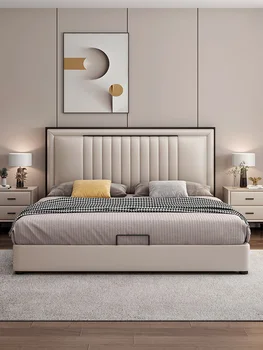 Кровать из натуральной кожи современная минималистская кровать в главной спальне Итальянская минималистская двуспальная кровать в спальне 2023 года новой модели
