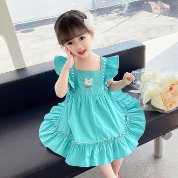 Летнее платье для девочек, детское платье с развевающимися рукавами и медвежонком, летнее новое милое хлопчатобумажное платье 2023, модное платье принцессы в иностранном стиле