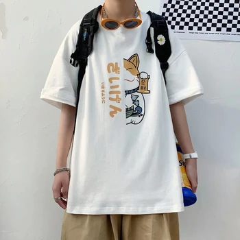 Летние женские повседневные топы с короткими рукавами и принтом Kawaii Fortune Cat, Ulzzang, винтажные футболки для пар в стиле хип-хоп Харадзюку с аниме