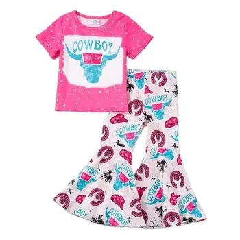 Летние расклешенные брюки с короткими рукавами для девочек, розовый комплект из 2 предметов с принтом в виде головы быка