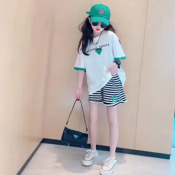 Летний костюм для девочек, новая детская корейская версия шорт с короткими рукавами, повседневная свободная модная футболка для девочек, комплект из двух предметов