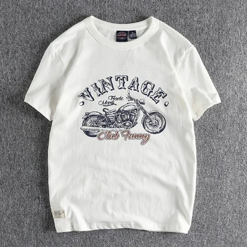 Летняя американская Ретро-тяжеловесная футболка с короткими рукавами и круглым вырезом с мотоциклетным принтом, Мужская Мода, 100% Хлопок, Повседневные Топы