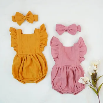 Летняя детская одежда с коротким рукавом, костюм с лентой для волос, тонкий комбинезон для маленьких девочек, Одежда для новорожденных, комбинезон из хлопчатобумажной ткани Falbala