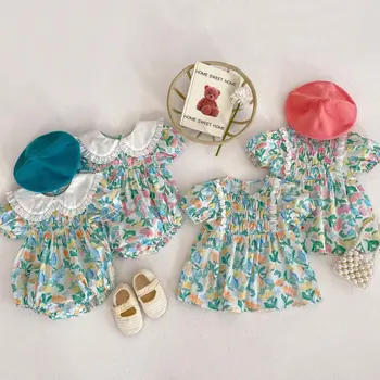 Летняя одежда для младенцев и малышей, боди с кружевным воротником для новорожденных девочек, модные платья с цветочным рисунком для девочек с коротким рукавом, наряд для сестры