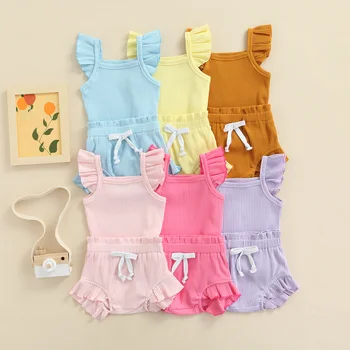 Летняя одежда для новорожденных девочек, детский Однотонный хлопковый топ с длинными рукавами в рубчик + шорты из полипропилена, Комплект одежды для 0-24 месяцев