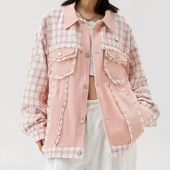 Маленькая ароматная джинсовая куртка в клетку в стиле пэчворк, женское Корейское модное пальто, женская весна 2023, свободный дизайн, розовый топ для милой девушки