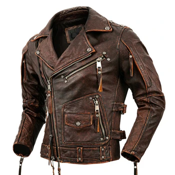 Мотоциклетная куртка из натуральной коровьей кожи, мужская тонкая куртка в стиле ретро с каменной фрезеровкой, пальто из телячьей кожи, мужская одежда для мотобайкерской езды