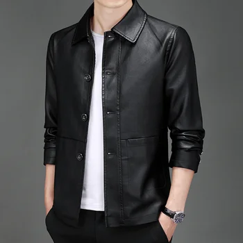 Мужская приталенная однотонная кожаная куртка с отворотом в корейском стиле, Новая повседневная