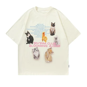 Мужская футболка в стиле хип-хоп, панк, Забавный кот, пара футболок с коротким рукавом, модные Свободные повседневные Летние хлопковые футболки Оверсайз