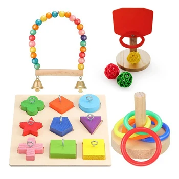Набор игрушек для птиц в 4 стилях с деревянным блоком Головоломкой Тренировочный баскетбол для попугаев Красочные кольца для укладки Качели Окунь