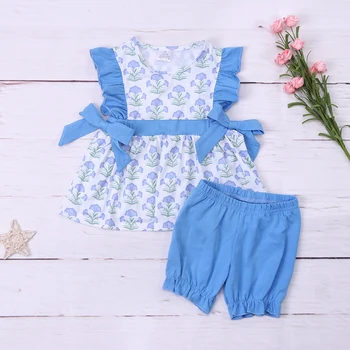 Одежда для маленьких девочек от 1 до 8 лет, Хлопковая детская одежда с цветочной вышивкой, Летнее синее платье с бантом, Комплекты с короткими рукавами, Сезонная детская одежда