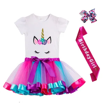Одежда с единорогами для маленьких девочек, костюмы, Детская футболка для вечеринки по случаю Дня рождения + юбки-пачки, Костюм из 2 предметов, Красочные Детские комплекты принцессы