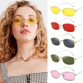 Прямоугольные солнцезащитные очки в металлической оправе ярких цветов, маленькие солнцезащитные очки ретро-оттенков UV400 для мужчин и женщин, очки для вождения, Летние очки