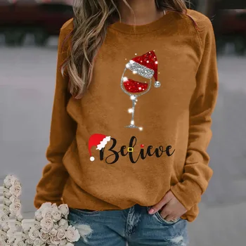Рождественская женская футболка с 3D рисунком, модный повседневный пуловер с длинными рукавами и круглым вырезом, женская осенне-зимняя толстовка, топ
