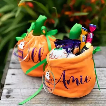 Сумка для конфет из тыквы, сумка из бархатной ткани на Хэллоуин, Подарочная упаковка из тыквы с украшением в виде авоськи для детей