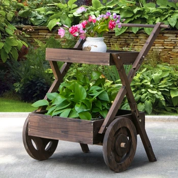 Уличная подставка для растений на колесах, Деревянная подставка для цветочной тележки, декор фургона для сада, патио, балкона, теплицы