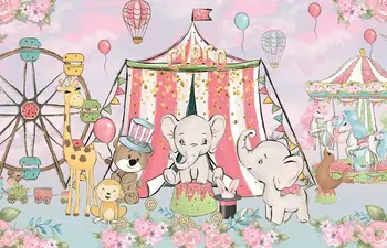 цирковые животные разбивают торт плакат для детского дня рождения баннер фото фон студия фотосъемки
