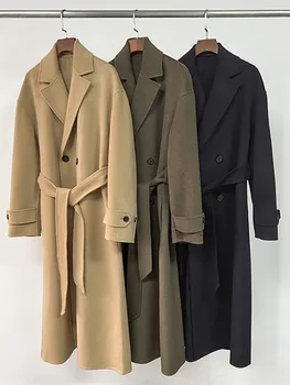 Шерстяное Кашемировое двустороннее пальто, женская однотонная классическая винтажная двубортная свободная женская куртка на шнуровке, осень-зима