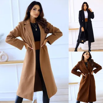Шерстяное пальто для женщин 2023, осенне-зимние простые двубортные пальто, женская куртка с длинными рукавами и лацканами на пуговицах для женщин