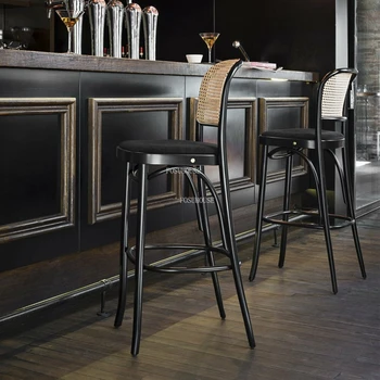 Японские барные стулья из ротанга, современная барная мебель в стиле ретро, домашняя спинка, барный стул из массива дерева для отдыха, стойка регистрации отеля, высокий барный стул